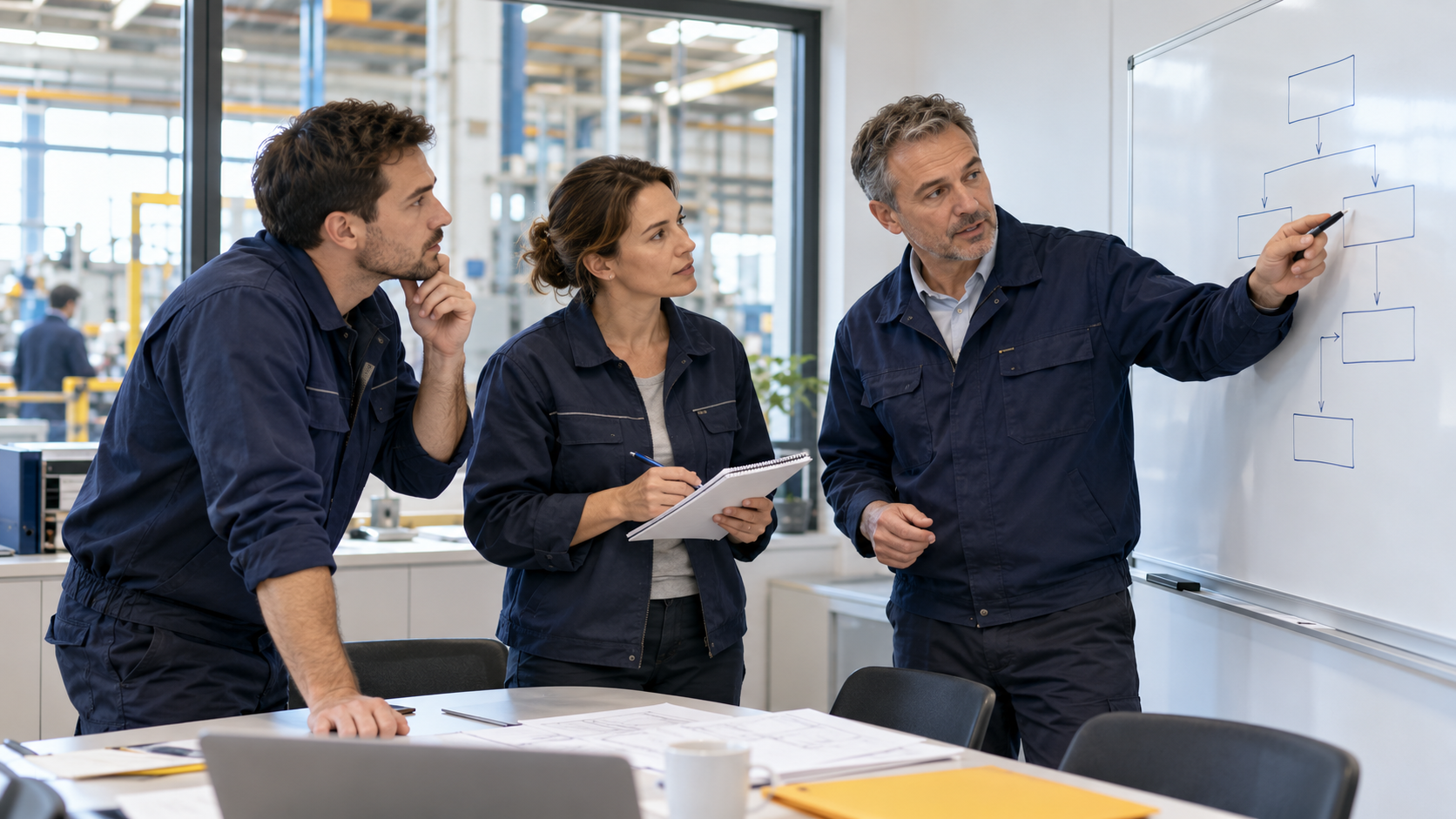 Équipe réunie autour d’un tableau lors d’un atelier d’analyse des accidents du travail