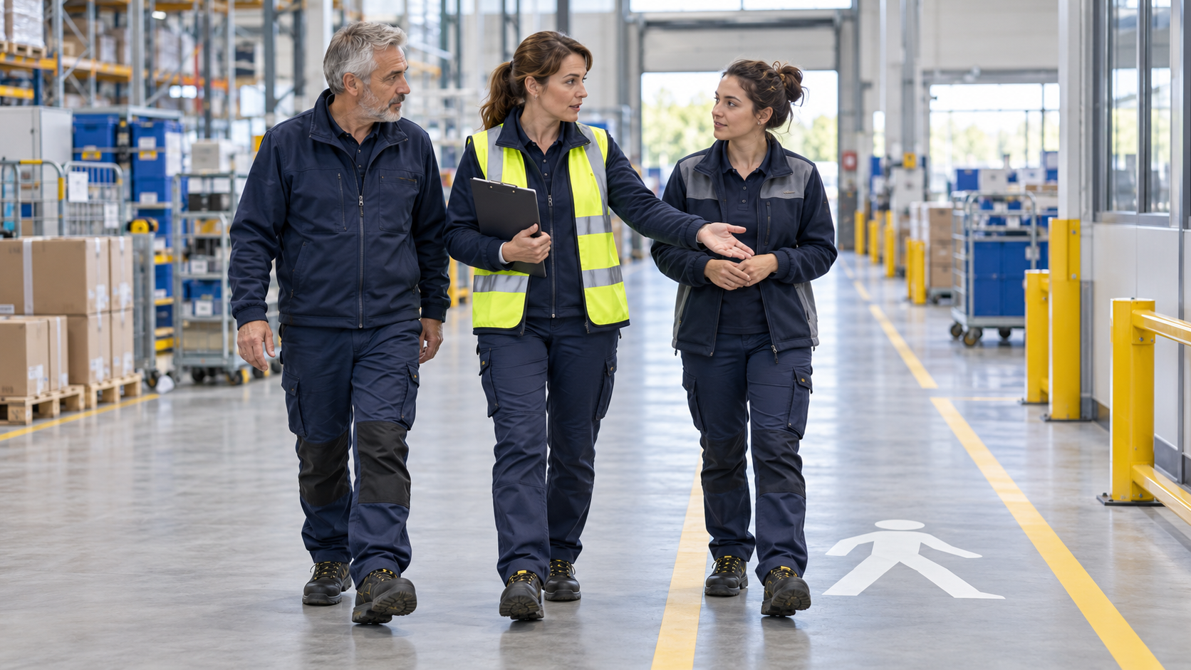 Une référente sécurité échange avec deux salariés lors d’une visite dans un atelier logistique